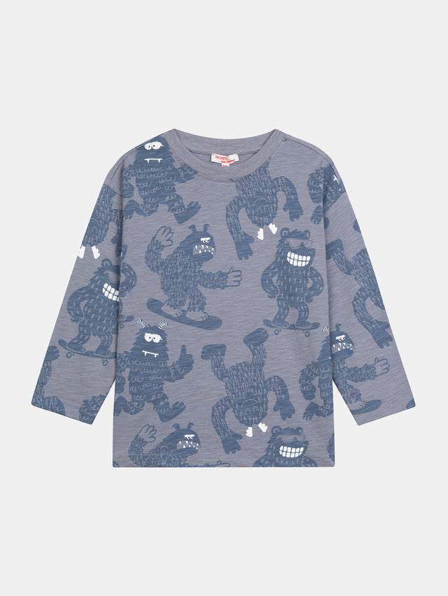 T-shirt manches longues bleu imprimé yétis pour garçon