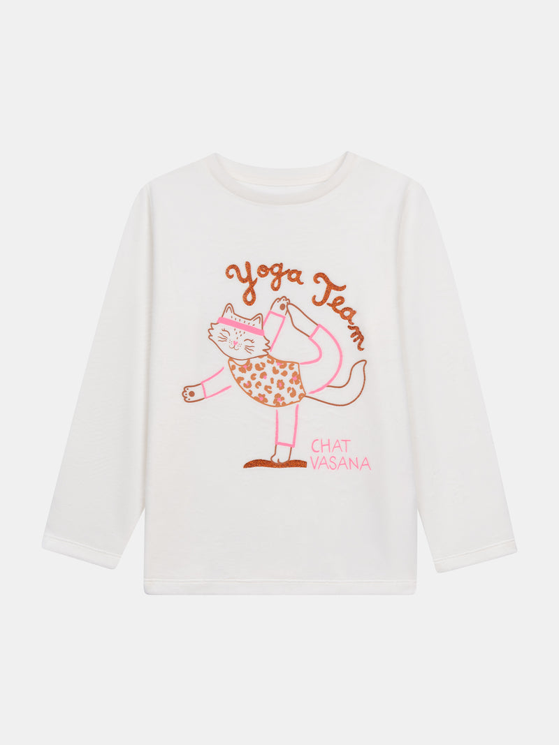 Pyjama écru et rose en velours "Cat Yoga Team" pour enfant fille