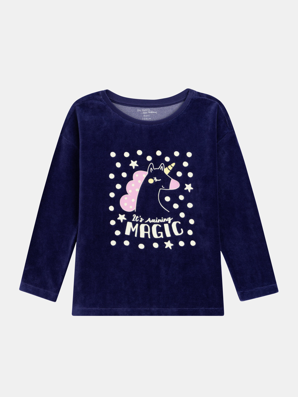 Pyjama bleu en velours "It's raining MAGIC" phosphorescents pour enfant fille