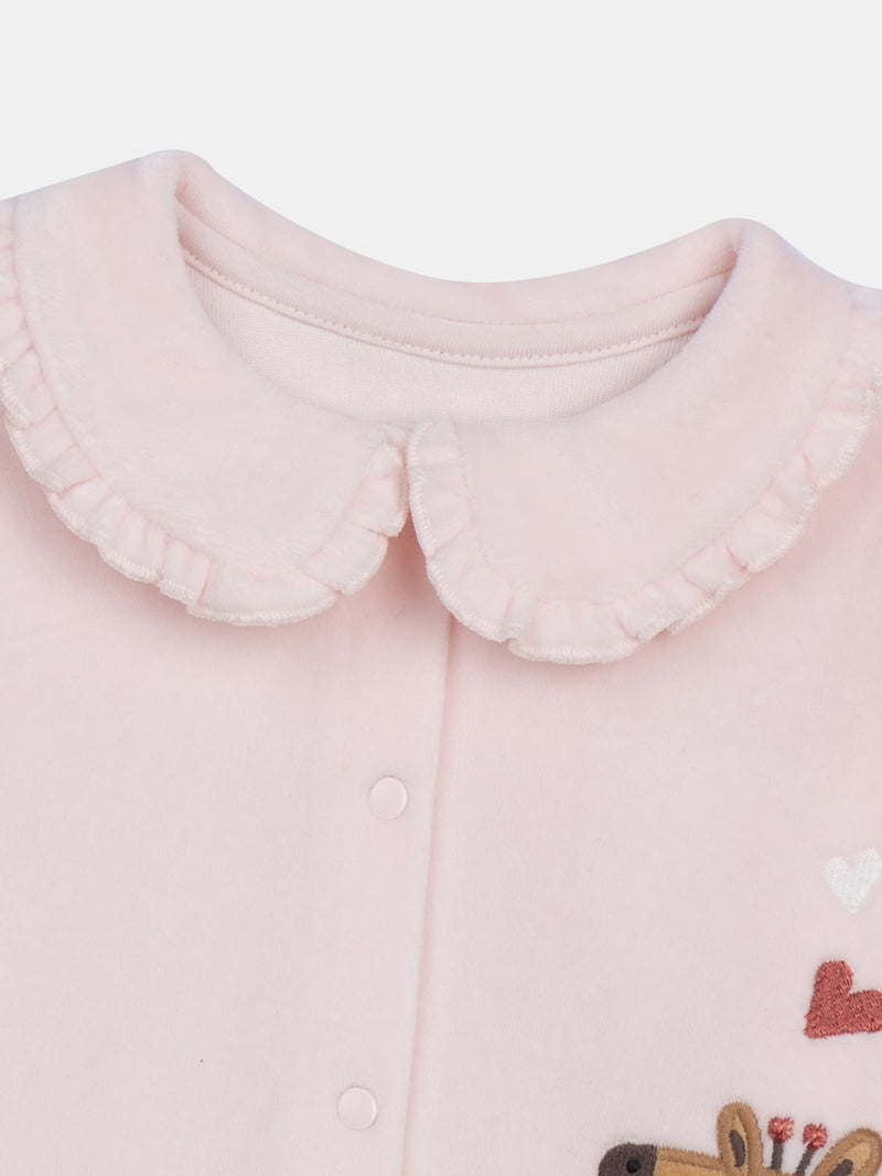 Grenouillère en velours rose dragée girafe et panda pour bébé fille