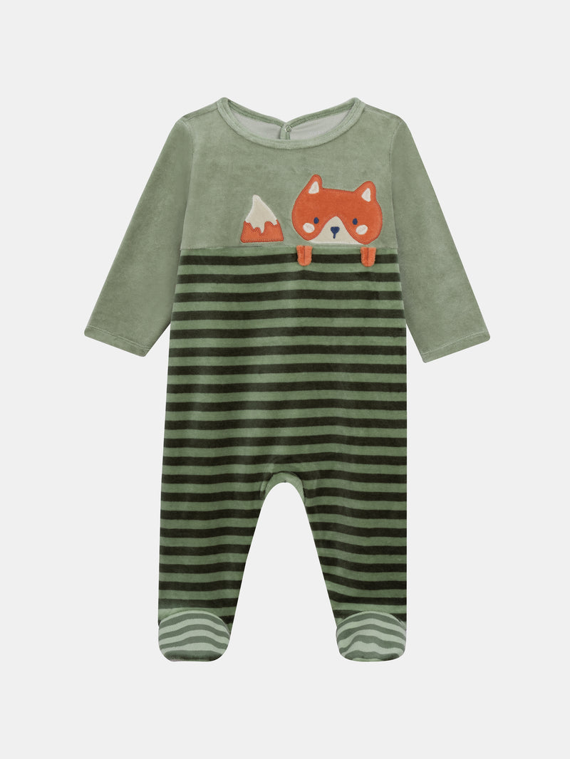 Grenouillère en velours vert amande et rayée motif renard pour bébé garçon
