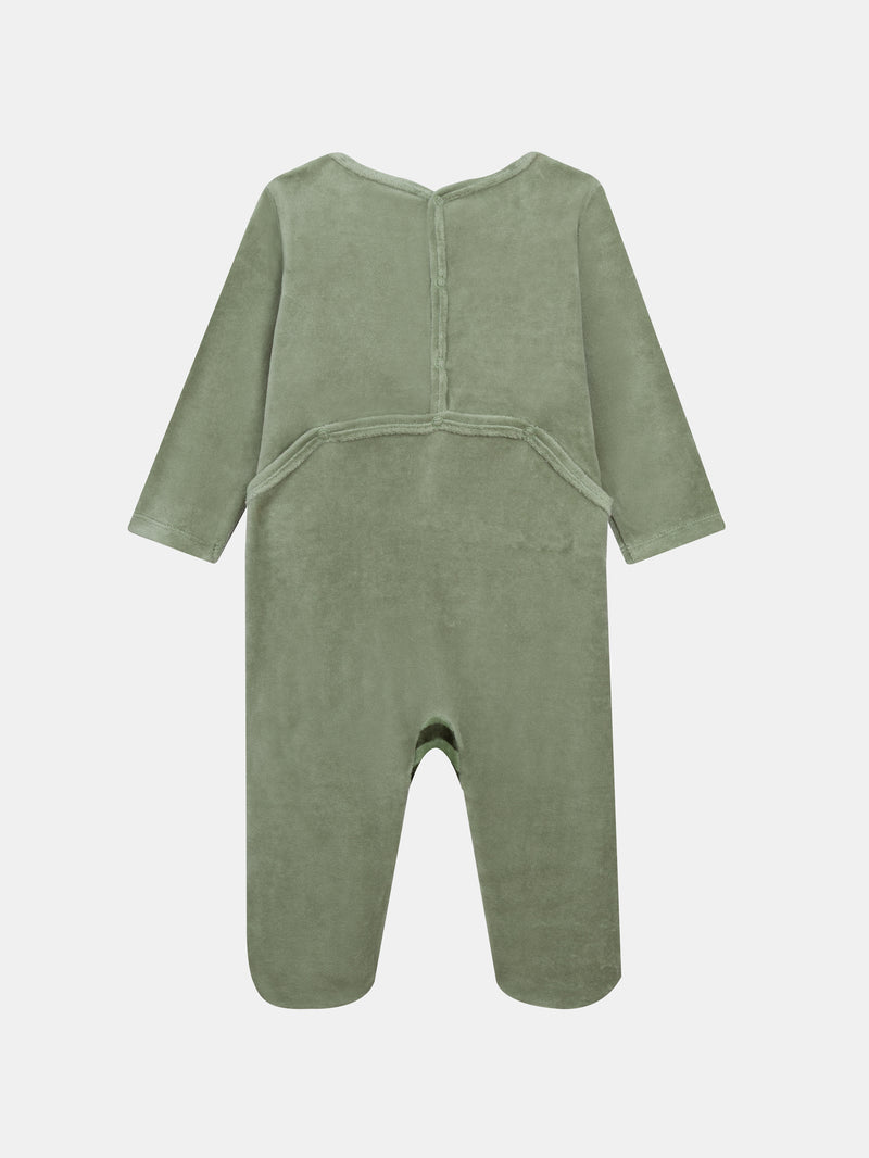 Grenouillère en velours vert amande et rayée motif renard pour bébé garçon