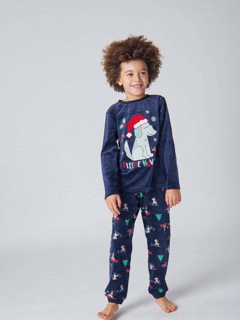 Pyjama 2 pièces bleu marine en velours Noël pour enfant garçon