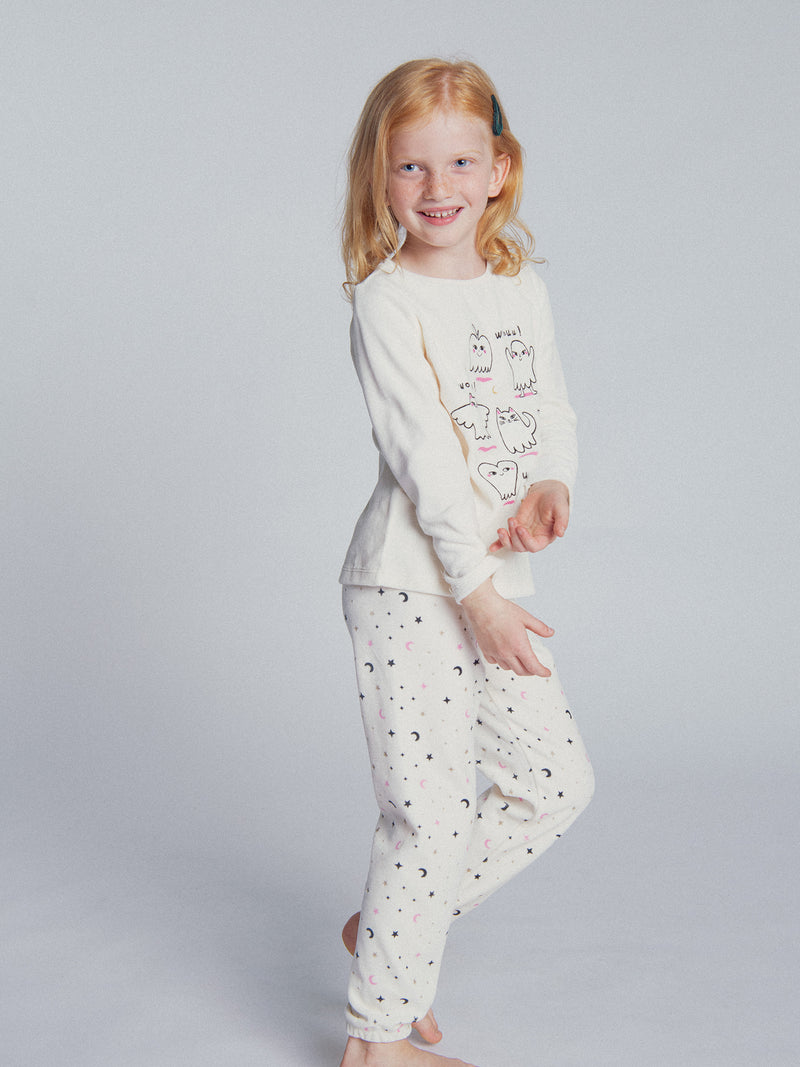 Pyjama 2 pièces écru en velours à motifs fantômes phosphorescents pour enfant fille