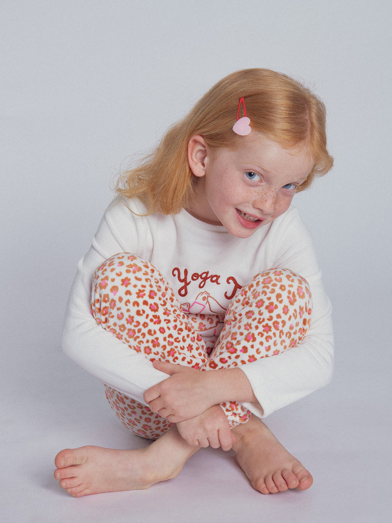 Pyjama écru et rose en velours "Cat Yoga Team" pour enfant fille