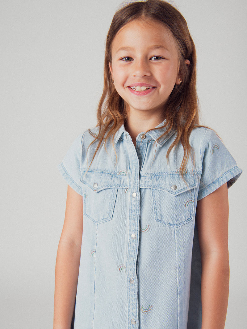 Robe en denim bleu clair et imprimé arc en ciel pour fille