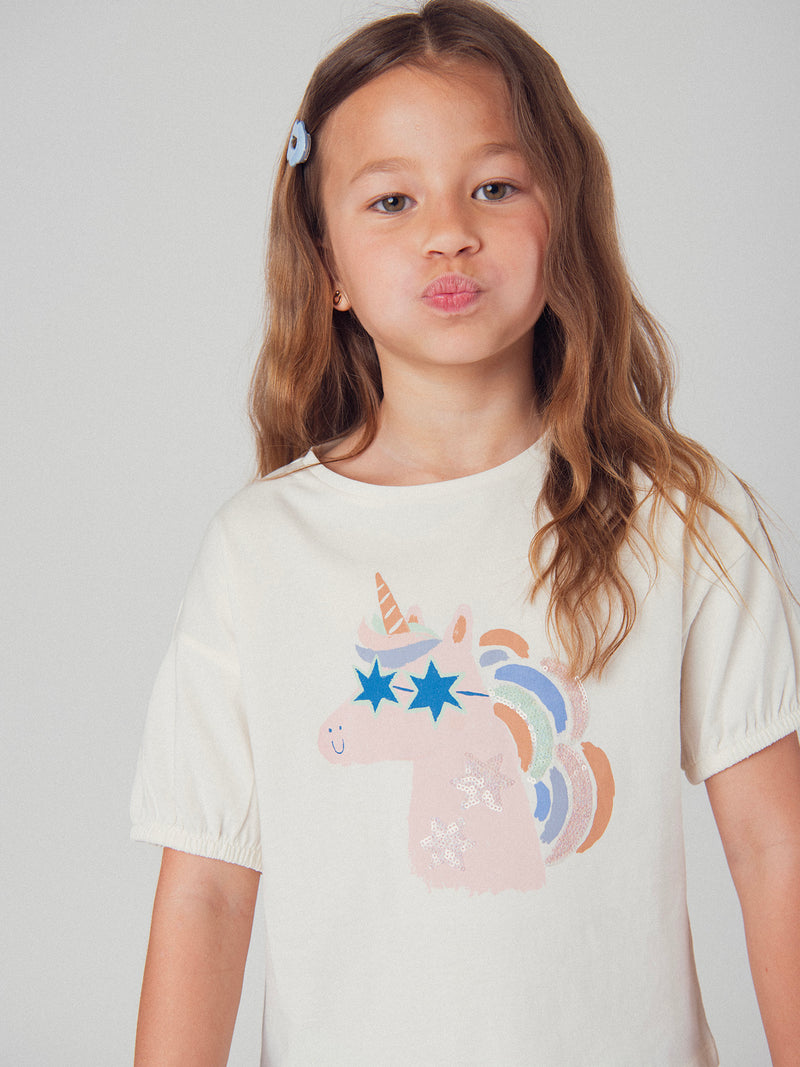 T-shirt écru animation tête de licorne pour fille