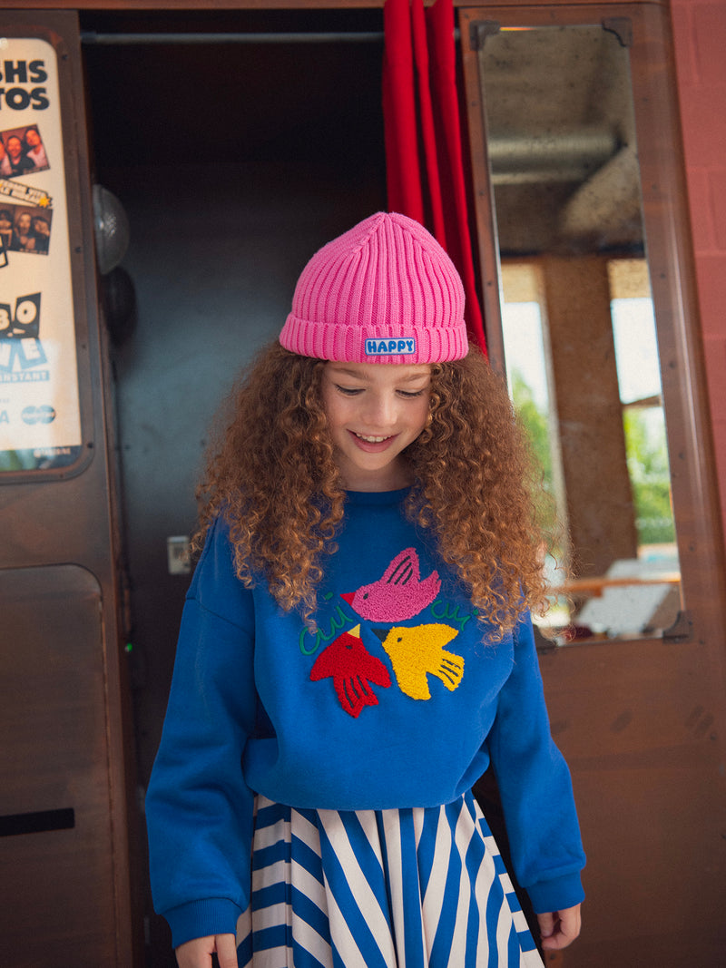Sweat bleu animation oiseaux pour fille