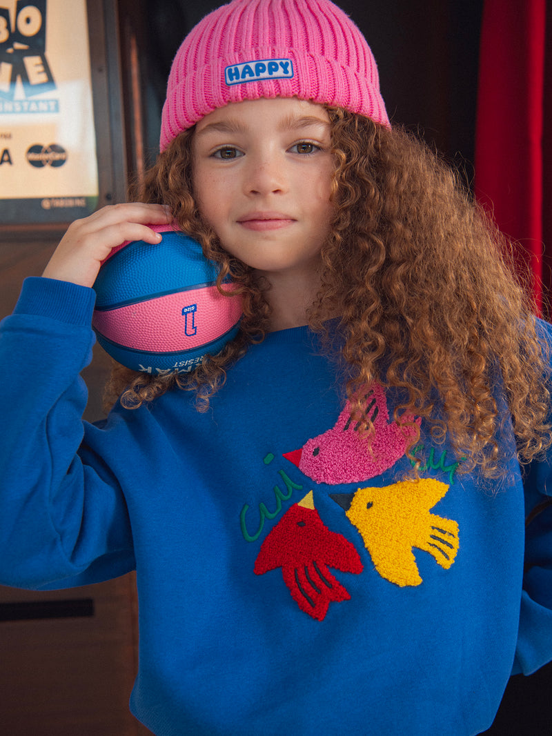 Sweat bleu animation oiseaux pour fille
