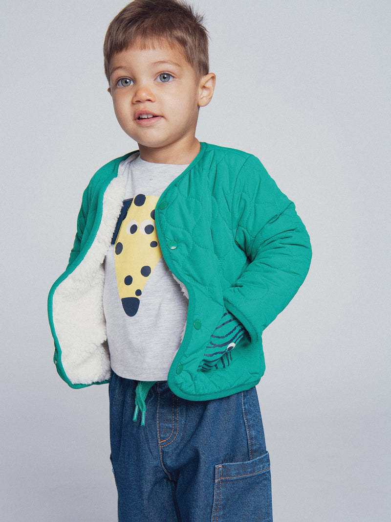 Gilet réversible vert gazon et écru "ARTY SCHOOL" pour bébé garçon