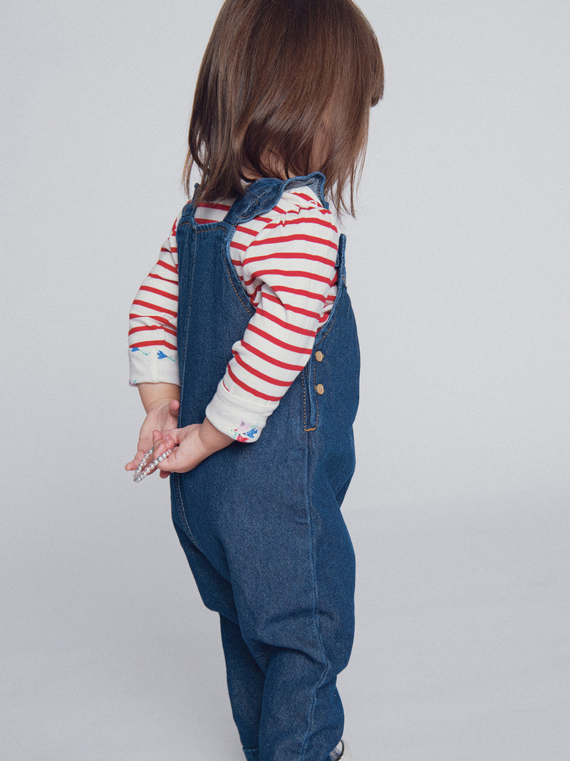 Salopette en denim brodée "ARTY SCHOOL" pour bébé fille