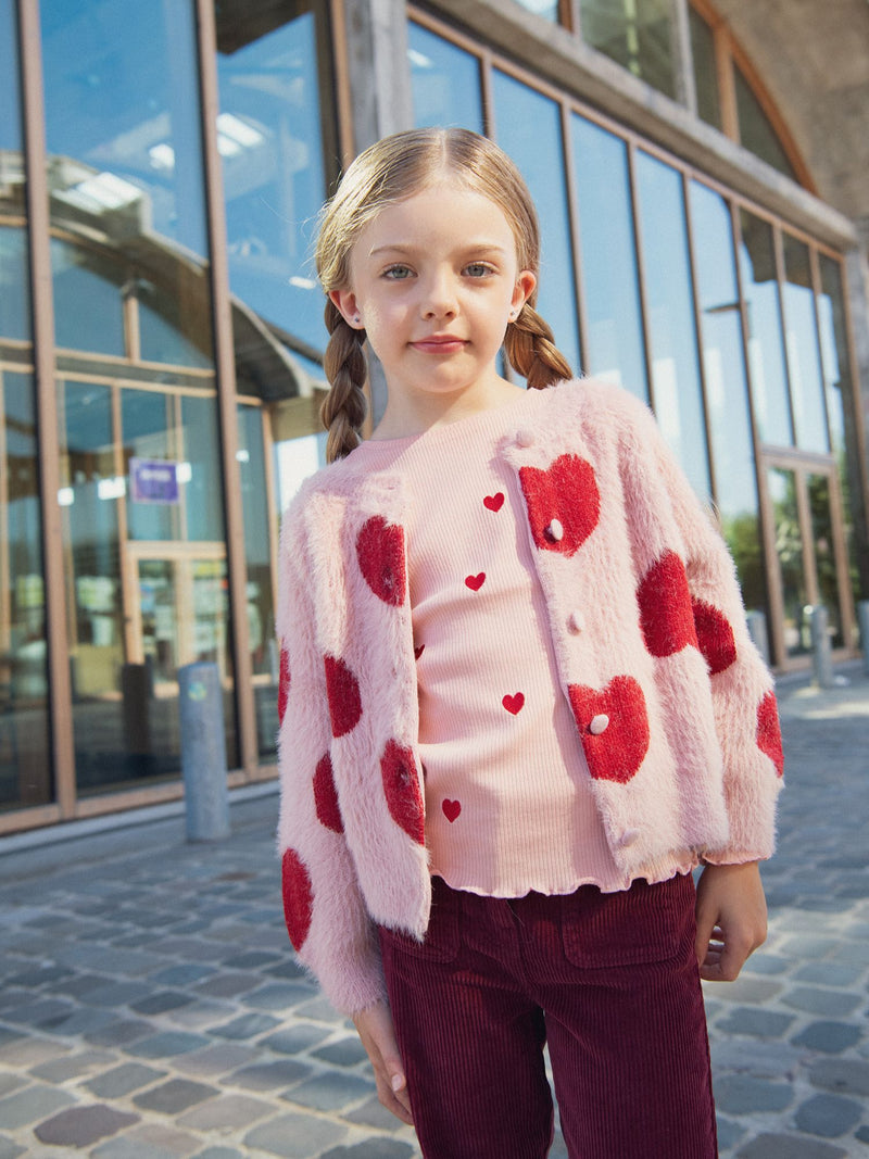 Cardigan rose motif  coeurs pour fille