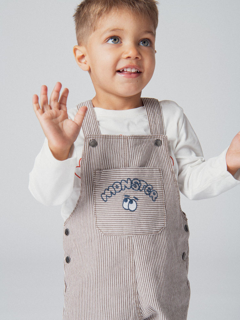 Salopette rayée en denim cacao et écru "Monster" pour bébé garçon