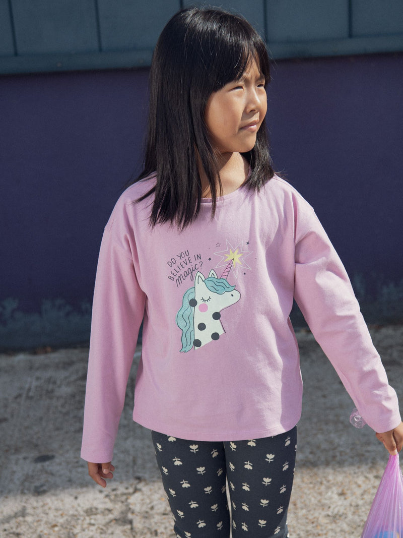 T-shirt rose animation licorne pour fille