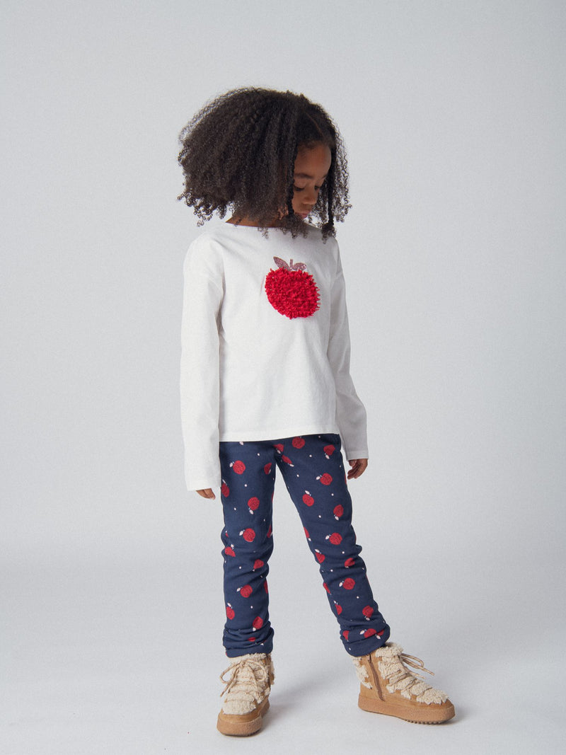T-shirt écru à manches longues animation pomme 3D pour fille