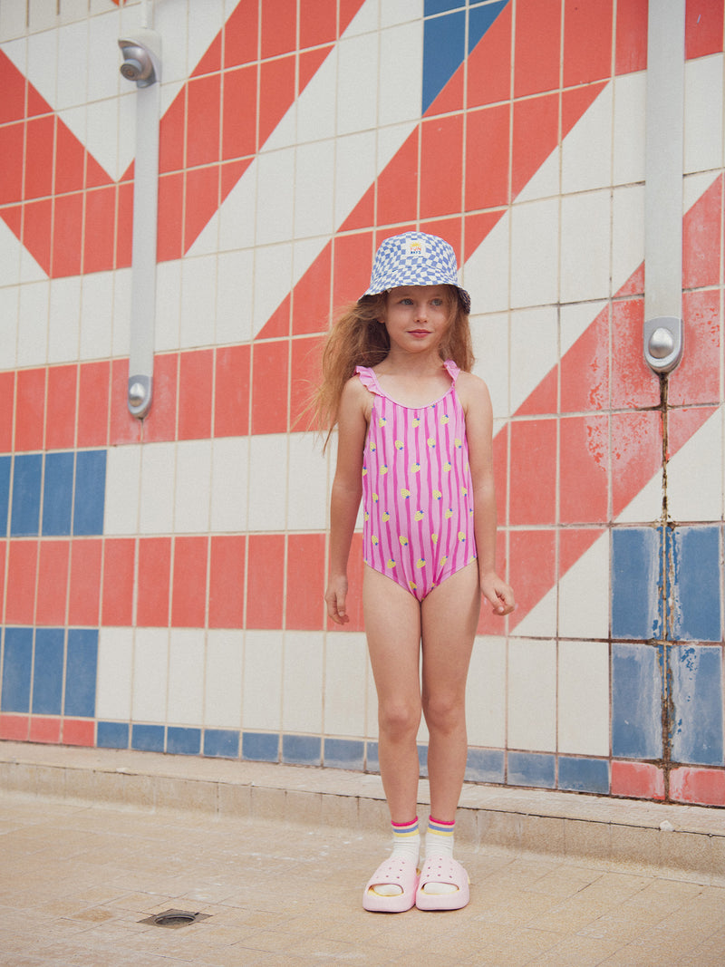 Maillot de bain 1 pièce imprimé fraises à rayures roses