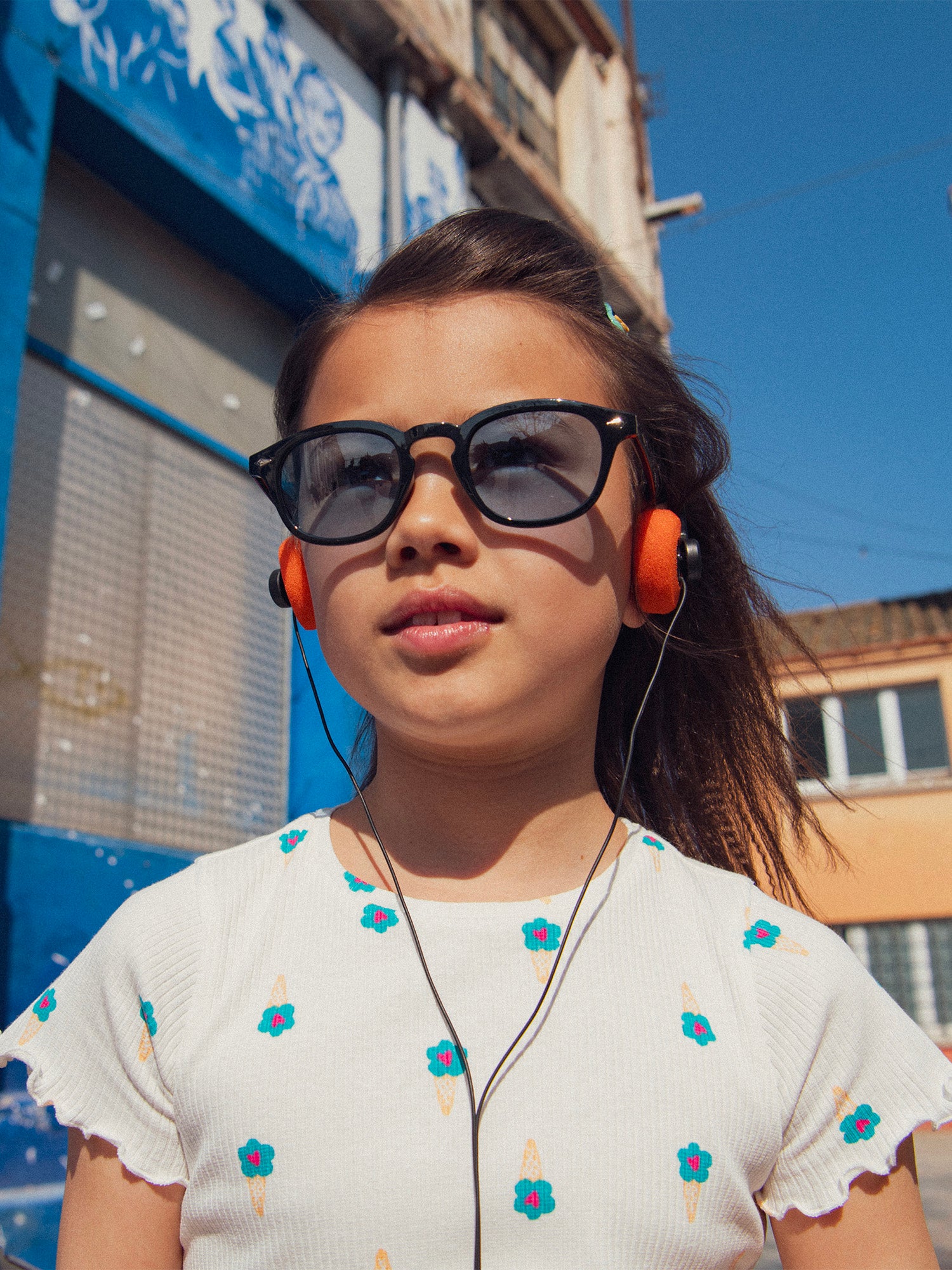 T-shirt en côte écru imprimé glace fleur pour fille