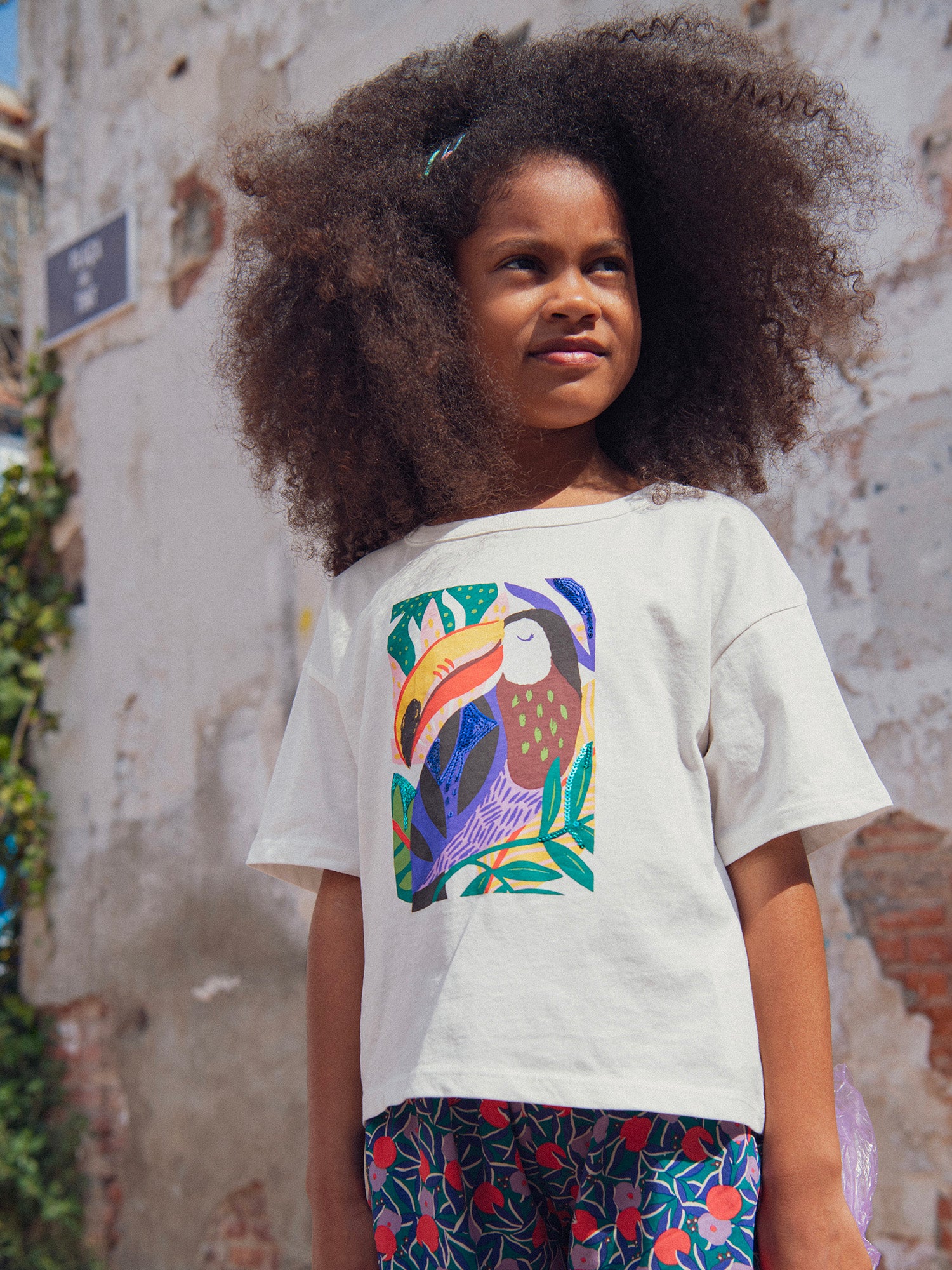 T-shirt écru animation toucan pour fille
