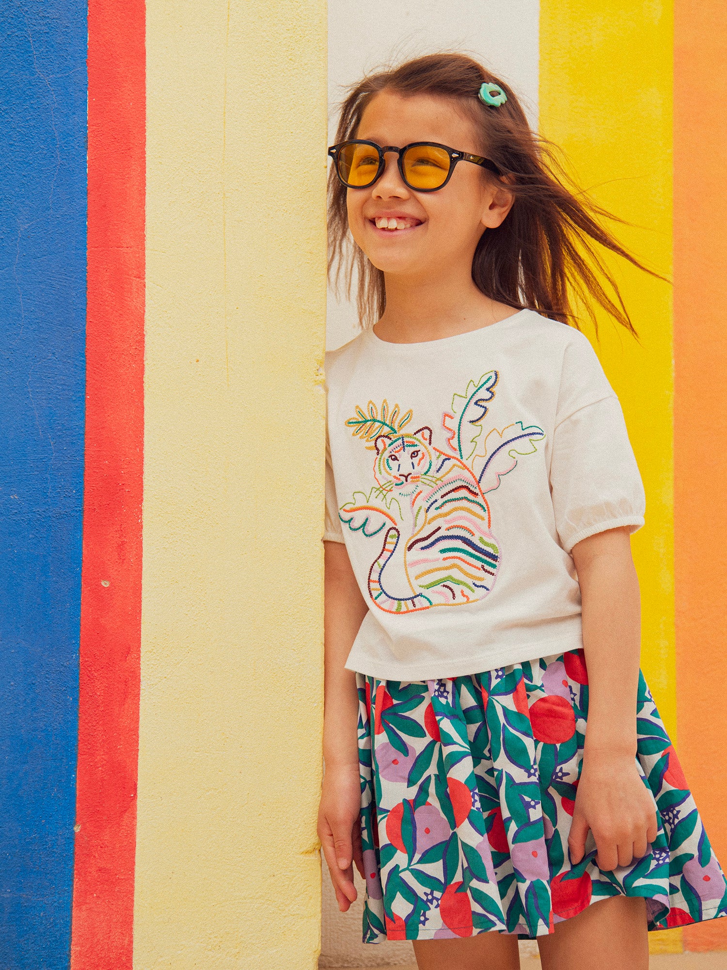 T-shirt écru à broderie tigre pour fille