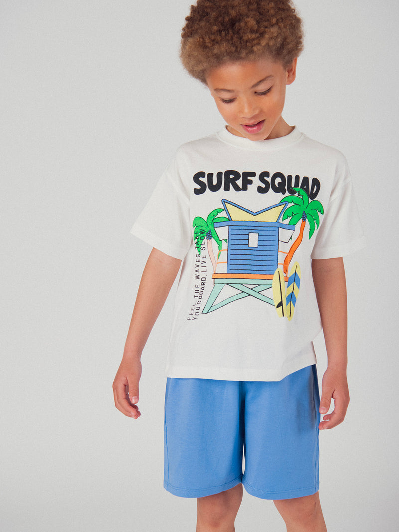 Ensemble t-shirt écru et short bleu avec animation pour garçon