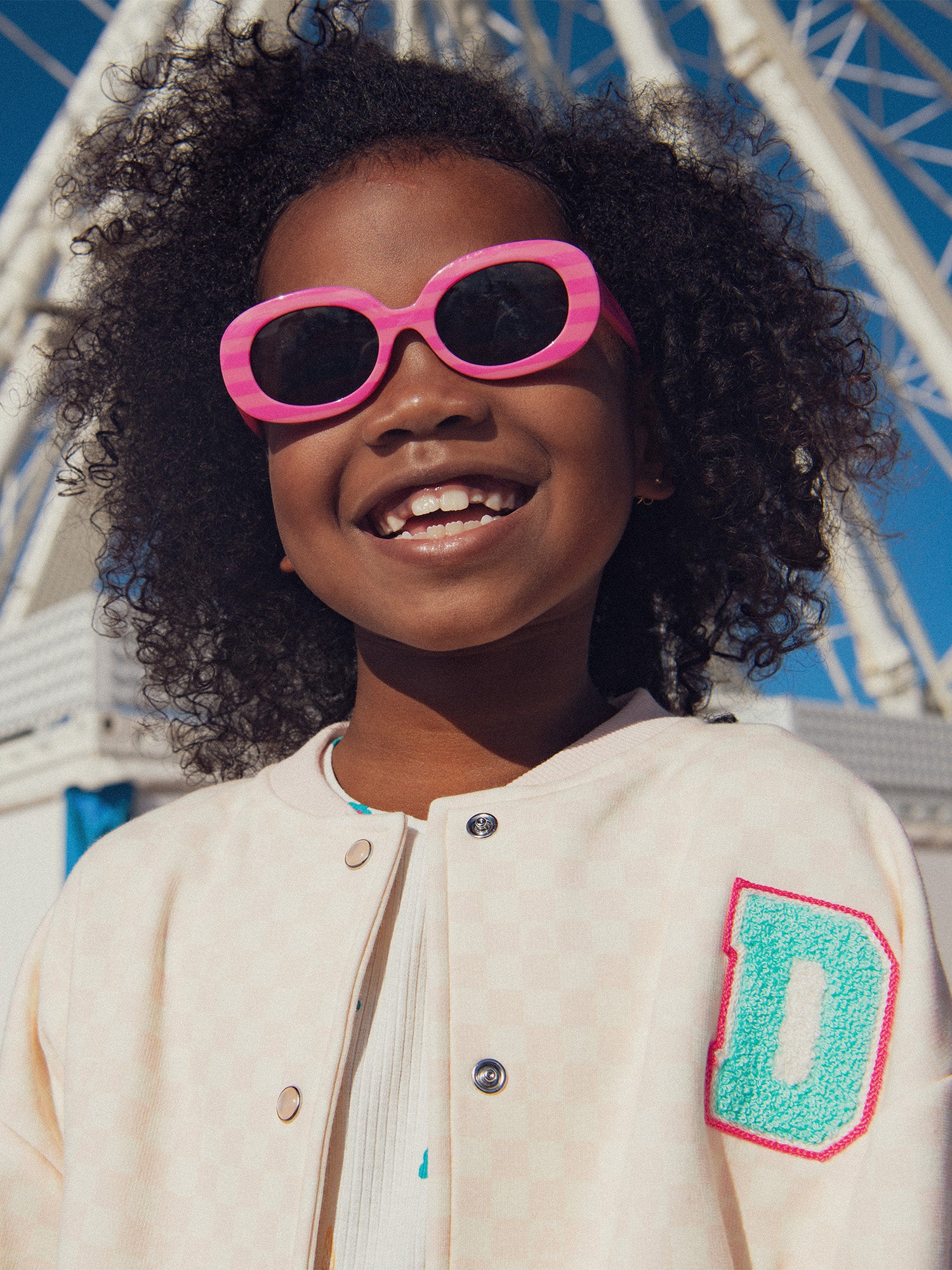 Veste teddy à damier rose et écru pour fille