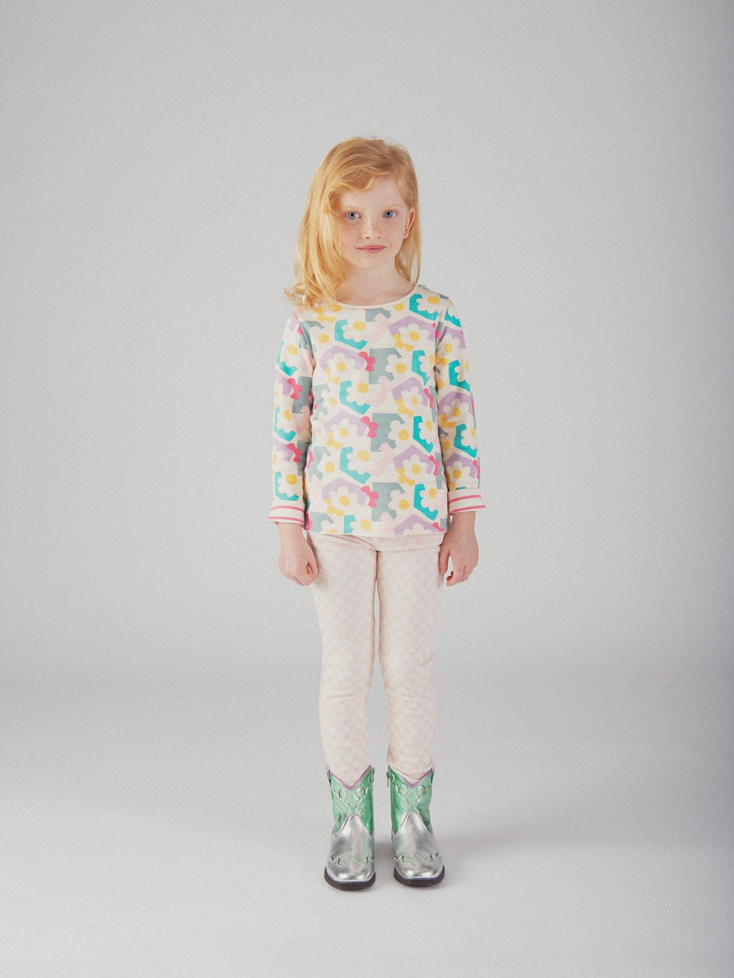 Pantalon doublé chaud à damier rose et écru pour fille