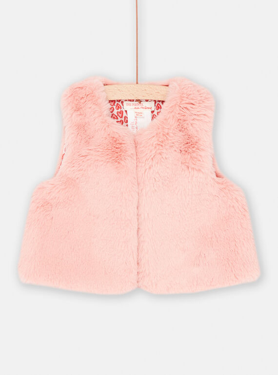 Cardigan rose thé sans manches en fourrure synthétique bébé fille SIFORCAR2 / 23WG09K2CARD329