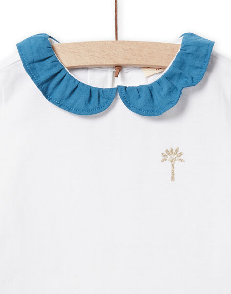 T-shirt écru à col volanté bleu pétrole bébé fille NIJOBRA6 / 22SG09C4BRA000