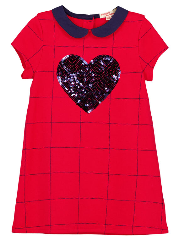 Robe à manches courte à carreaux avec un col claudine et un cœur en sequins brillants brodés.  GAJOROB5 / 19W90144D2F050