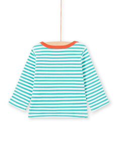 T-shirt manches longues à rayures turquoise et blanches motif raton-laveur bébé garçon MUJOTEE2 / 21WG1023TMLC217