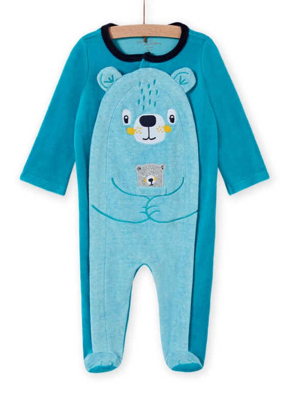 Grenouillère bleu turquoise en velours motif oursons bébé garçon MEGAGREOUR / 21WH1484GRE202