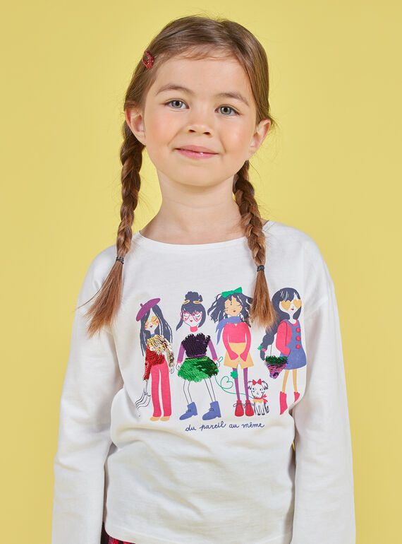 T-shirt écru motif fantaisie à sequins réversibles enfant fille MAMIXTEE4 / 21W901J5TML001