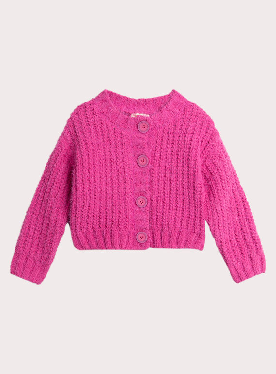 Cardigan rose fuchsia en maille plume pour fille VAJOCAR3 / 24W901H3CAR030