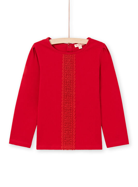 T-shirt manches longues rouge détail dentelle enfant fille MAJOSTEE5 / 21W90124TML511