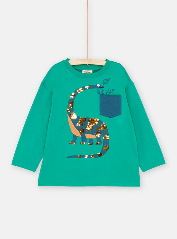 T-shirt vert avec diplodocus avec sequins pour garçon SOVERTEE4 / 23W902J4TML600