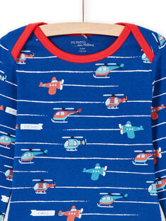 Ensemble pyjama T-shirt et pantalon bleu et rouge imprimé à rayures et hélicoptères enfant garçon MEGOPYJAVIO / 21WH1285PYJC214