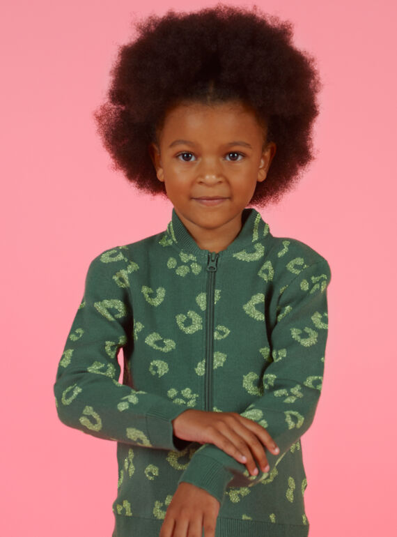 Cardigan vert en maille imprimé léopard enfant fille MAKACAR / 21W901I1CAR626