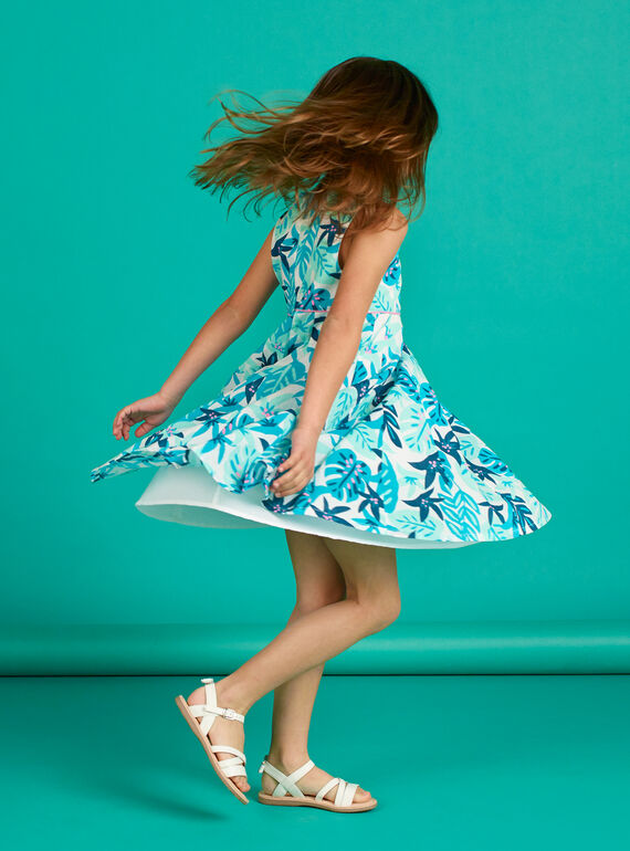 Robe blanche et bleu imprimé feuillage enfant fille LAVEROB3 / 21S901Q1ROB001