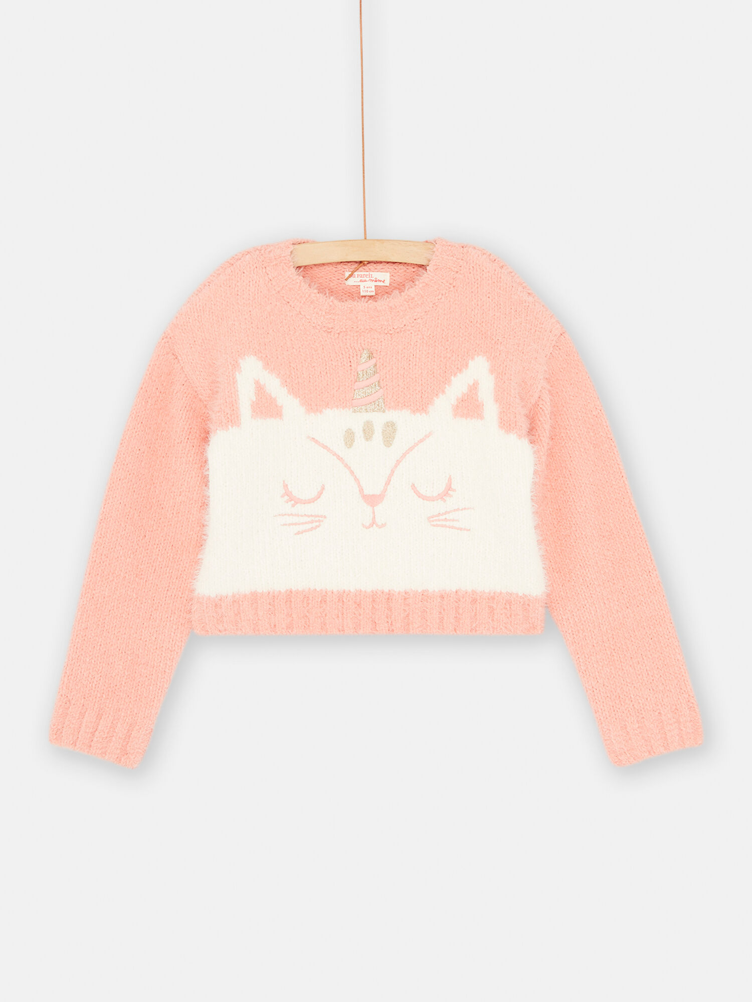 Pull saumon et cru motif chat licorne pour fille Pull