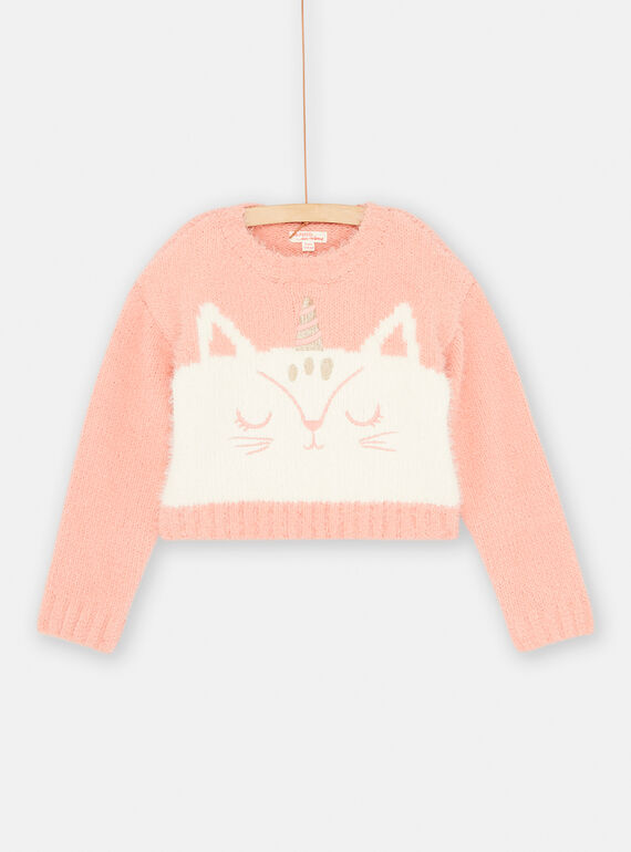 Pull saumon et écru à motif chat-licorne pour fille SADUPULL / 23W901P1PUL401