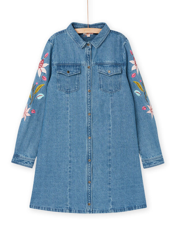 Robe en jean bleue à broderies fleuries sur les manches RAMAGROB3 / 23S901T2ROBP272