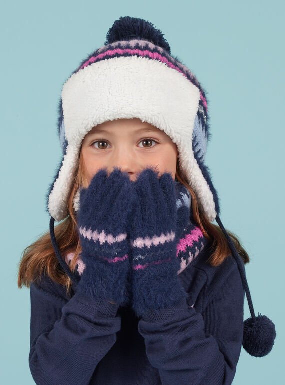 Gants bleus en fausse fourrure motif jacquard enfant fille