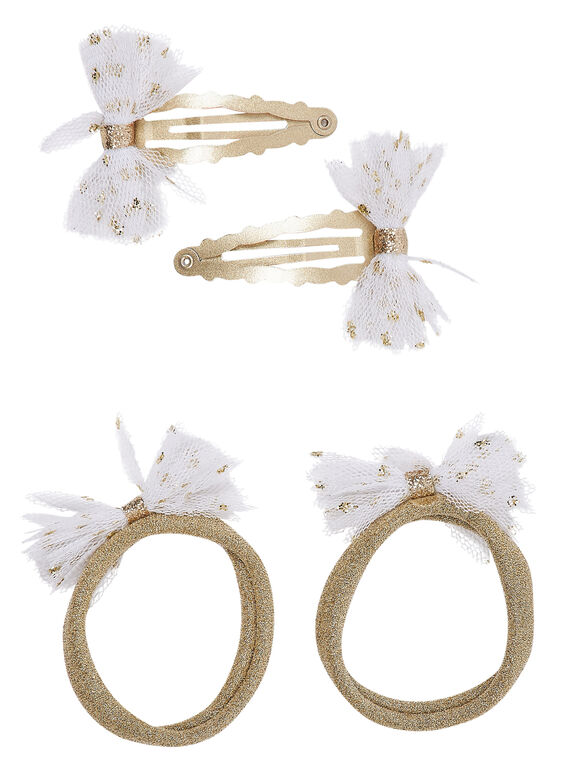 Lot de 2 élastiques en glitter avec fleurs en tulle blanc + 2 clip OR avec fleurs en tulle blanc.  Spray glitter couleur OR sur le tulle  JYASOCLIC2 / 20SI0181BRTK008