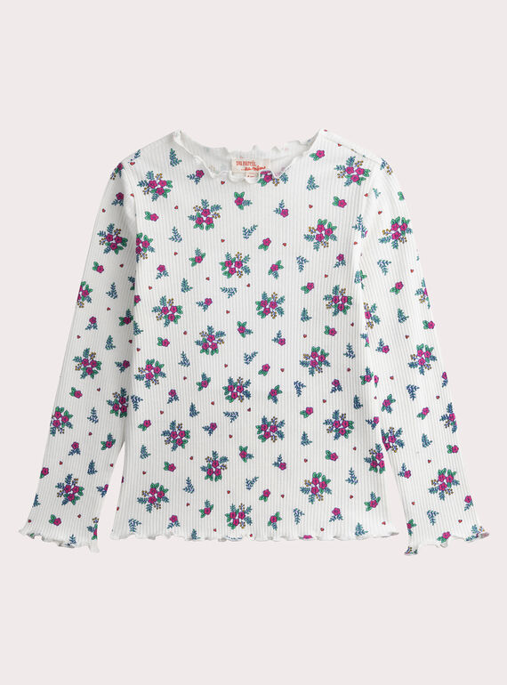 T-shirt écru manches longues en côte imprimé fleuri WAJOTEE1 / 25S901K3TML001