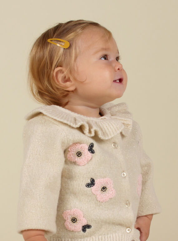 Gilet maille écru col volants et fleurs bébé fille MIHICAR1 / 21WG09U1CAR003
