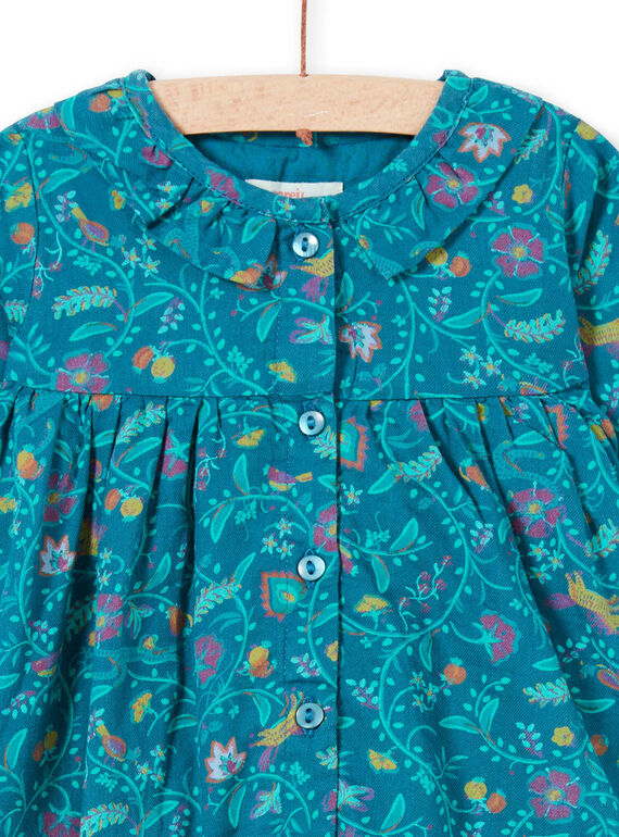 Robe manches longues bleu canard à imprimé fleuri enfant fille MITUROB1 / 21WG09K3ROB714
