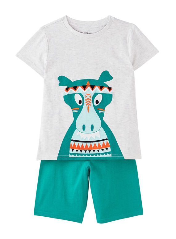 Pyjama court enfant garçon dinosaure gris chiné et vert JEGOPYCINDI / 20SH12UAPYJJ920