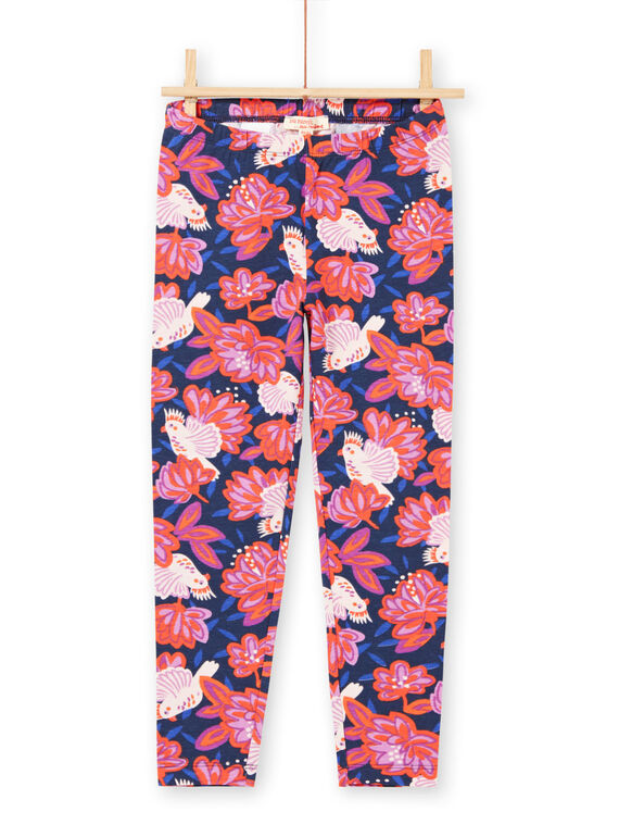 Legging bleu marine imprimé oiseaux et fleurs colorés enfant fille MYAPALEG / 21WI01H1CALC205