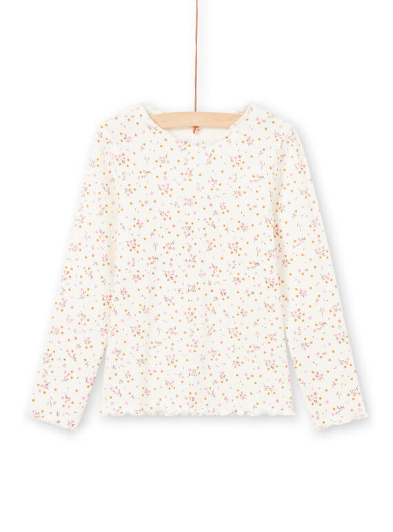 T-shirt côtelé manches longues écru motif fleuri enfant fille MAJOUTEE4 / 21W90128TML001