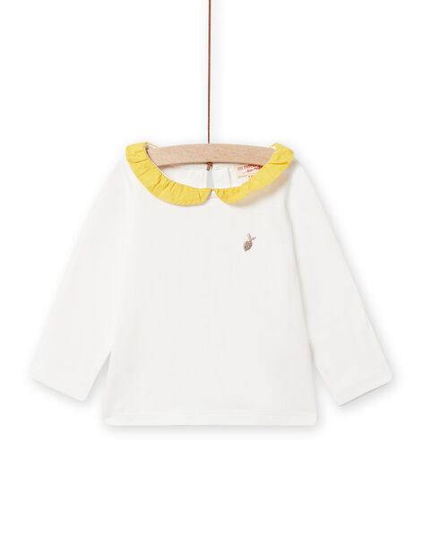 T-shirt écru à col volanté jaune mimosa bébé fille NIJOBRA1 / 22SG0974BRA001